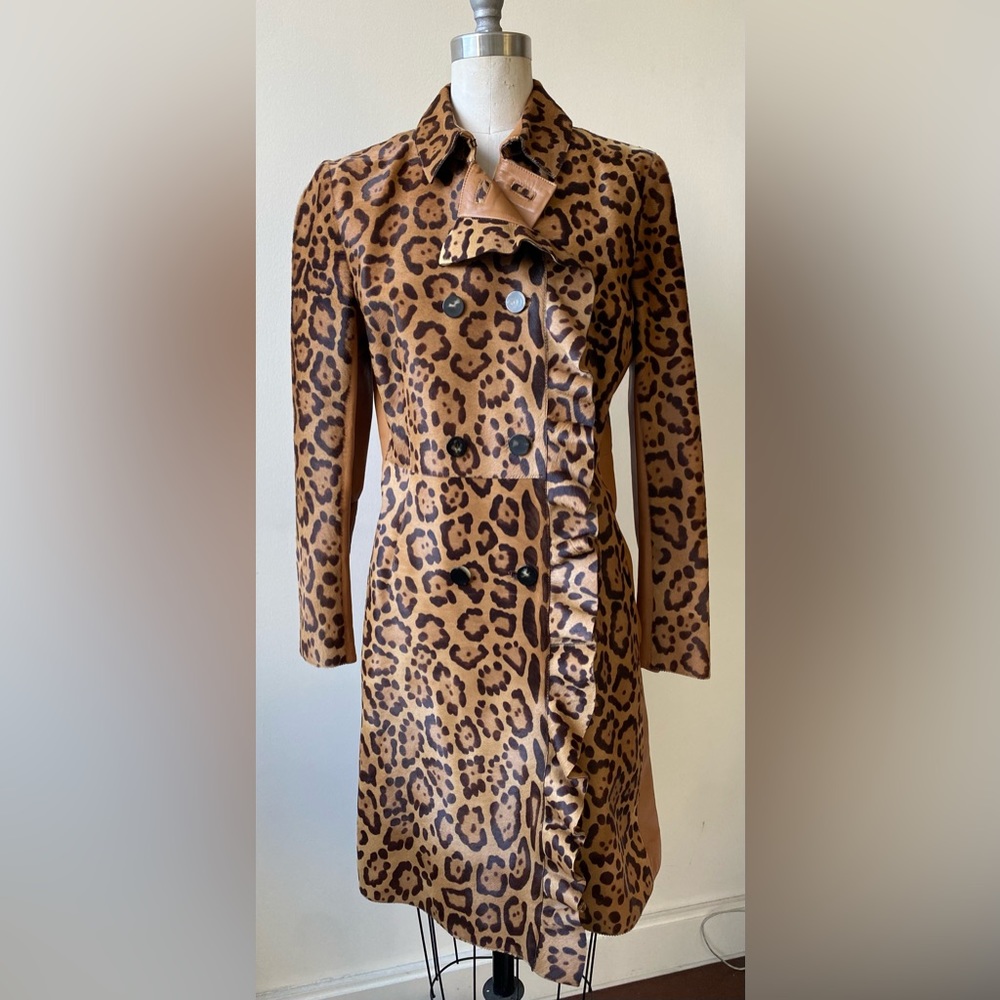VALENTINO LEOPARD CALF LEATHER RUFFLE TRENCH COAT